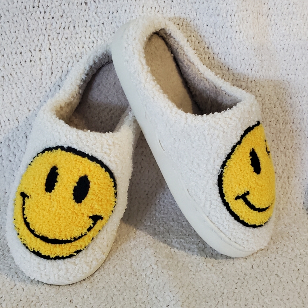 Cozy White Slippers with Yellow Smiley Face